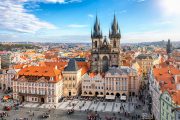 Pohled z výšky na Chrám Matky Boží před Týnem, pravděpodobně ze Staroměstské radnice