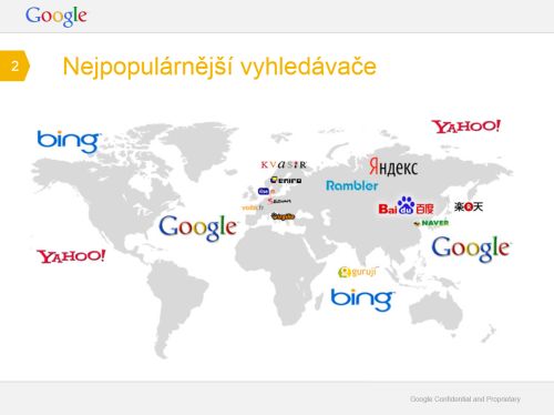 Mapa světa se jmény nejrozšířenějších internetových vyhledávačů